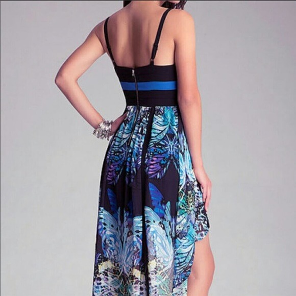 NWT Bebe Sz 6 Banded Hi Low Keyhole Bold Blue & Black Maxi Dress - Picture 2 of 9
